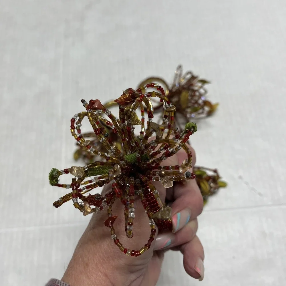 Pier One Napkin Rings Gold Amber Brown Beaded Floral Set Of 4 Boho‎ Hippie
